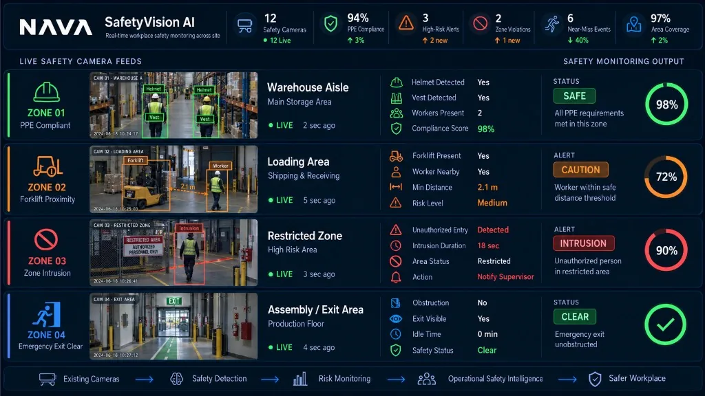 NAVA SafetyVision AI dashboard showing live safety camera feeds and compliance metrics