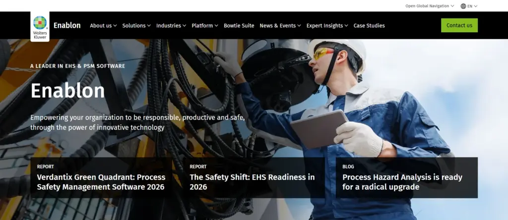 Enablon platform interface displaying enterprise risk and process safety management modules 