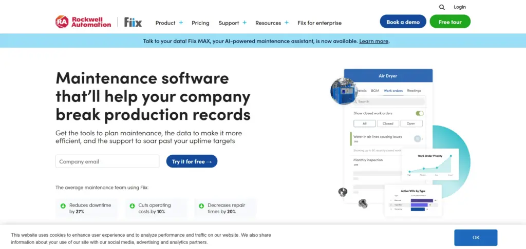Fiix maintenance software website homepage screenshot