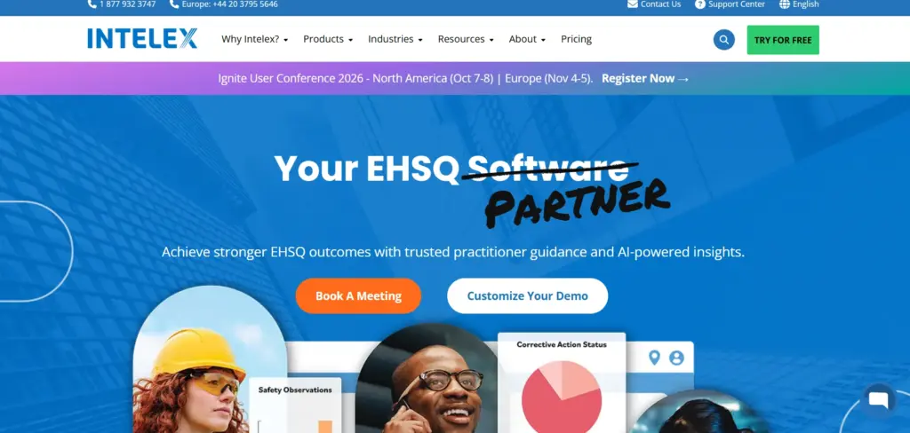 Intelex EHSQ software homepage showing safety, management platform