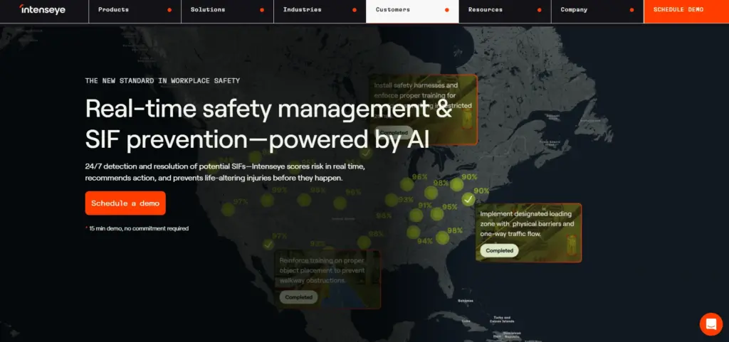 Intenseye homepage hero banner, Real-time safety management &amp; SIF prevention powered by AI.