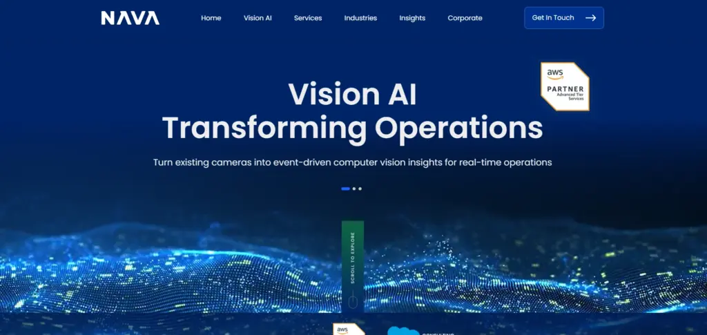 NAVA Vision AI homepage showing real-time computer vision platform for operations