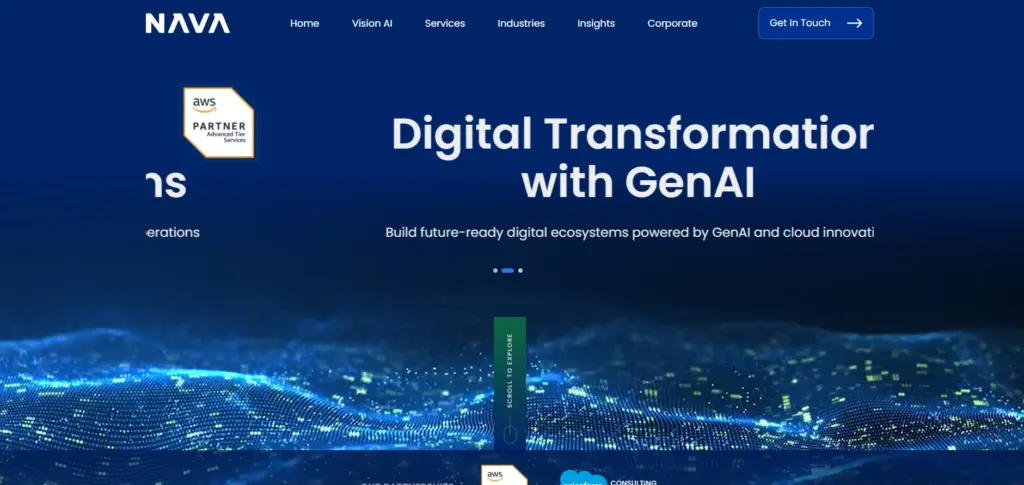 NAVA website hero banner with AWS Partner badge and GenAI tagline 
