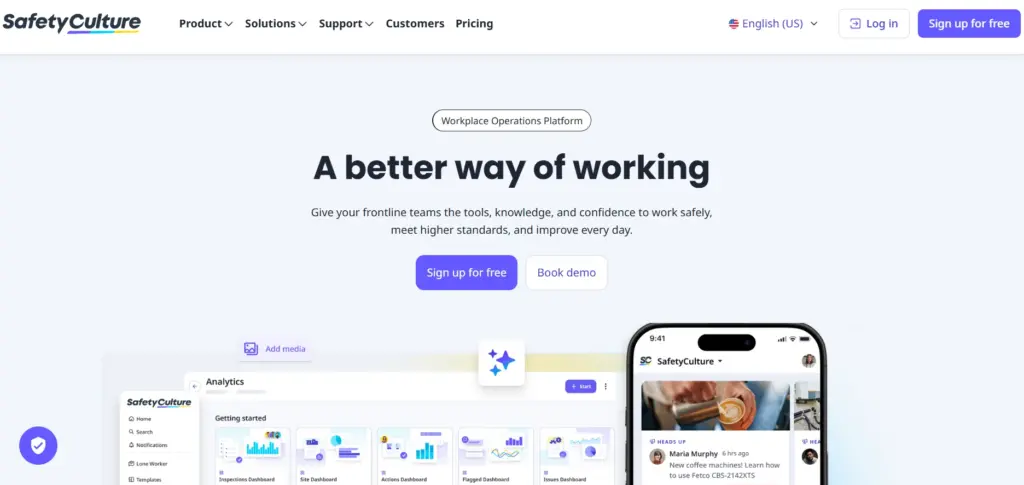 SafetyCulture homepage workplace operations platform for inspections, tasks, and safety management