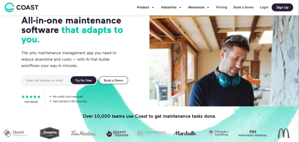 Screenshot of Coast maintenance software website home page