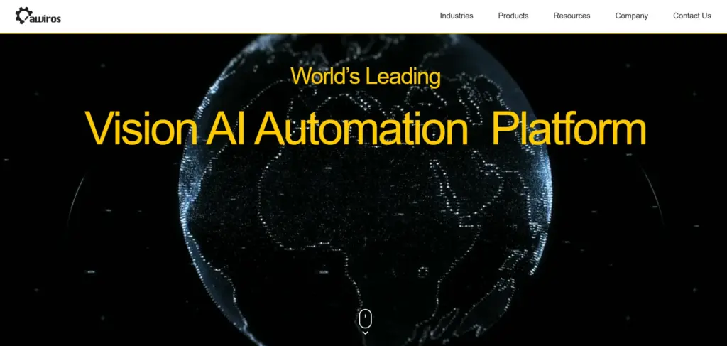 Screenshot of the Awiros website homepage hero banner, World's Leading Vision AI Automation Platform.