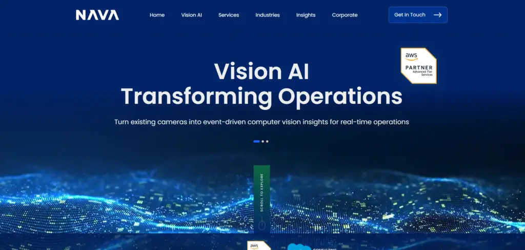 Screenshot of the NAVA website homepage hero banner reading Vision AI Transforming Operations 