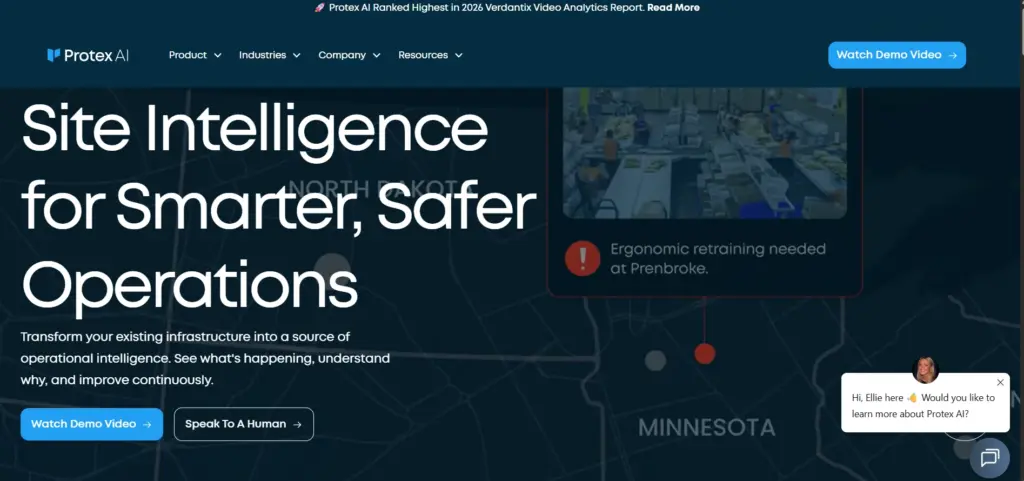 Screenshot of the Protex AI website homepage hero banner reading Site Intelligence for Smarter, Safer Operations.