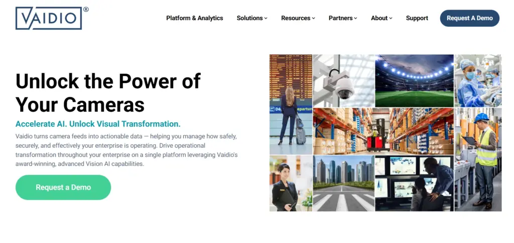 Screenshot of the Vaidio website homepage hero banner, Unlock the Power of Your Cameras.