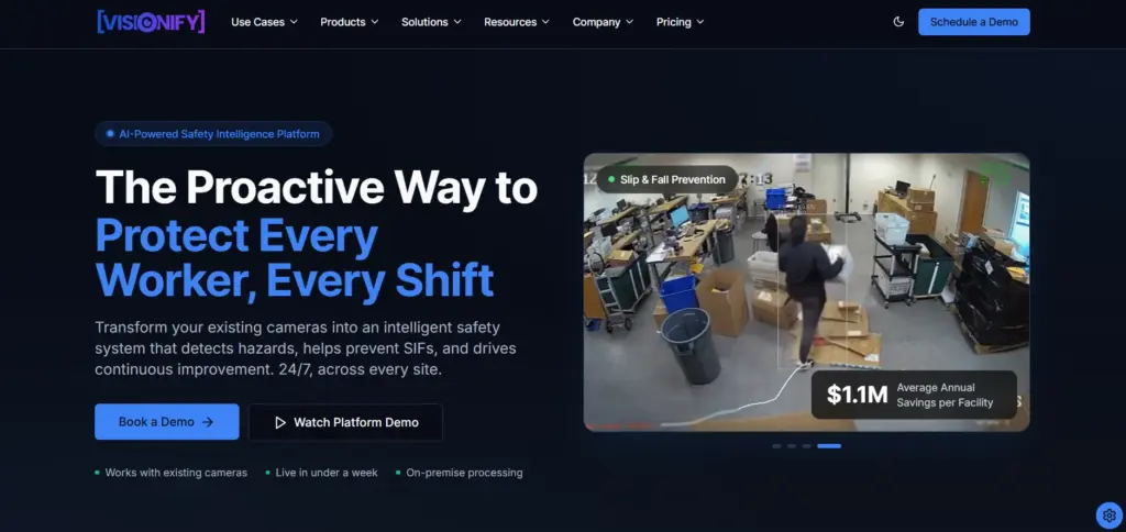 Screenshot of the Visionify AI safety platform homepage. 