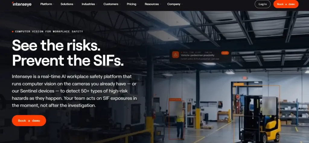 Intenseye homepage showcasing AI-powered workplace safety monitoring and real-time hazard detection.