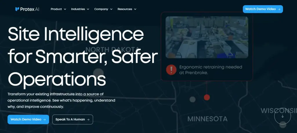 Protex AI homepage showcasing AI-powered workplace safety monitoring and risk prevention.