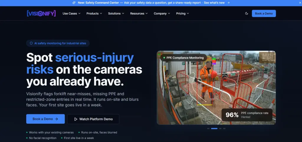 Visionify homepage showcasing AI-powered video analytics for workplace safety and hazard detection.